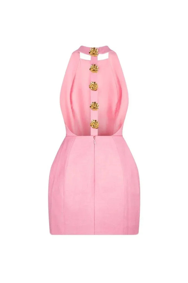 Women's Party Mini Dress with Halter Neck and Gold Button Detail