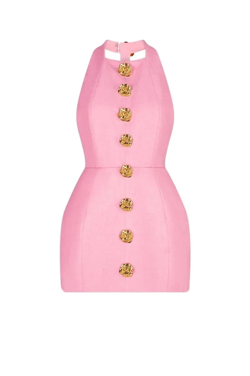 Women's Party Mini Dress with Halter Neck and Gold Button Detail