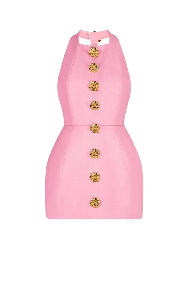 Women's Party Mini Dress with Halter Neck and Gold Button Detail