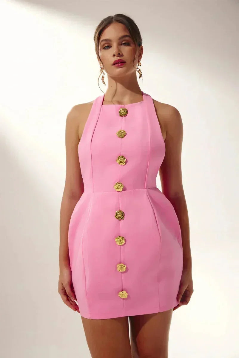 Women's Party Mini Dress with Halter Neck and Gold Button Detail