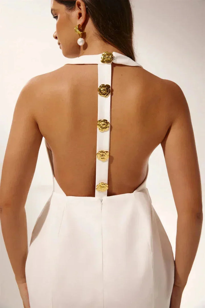 Women's Party Mini Dress with Halter Neck and Gold Button Detail