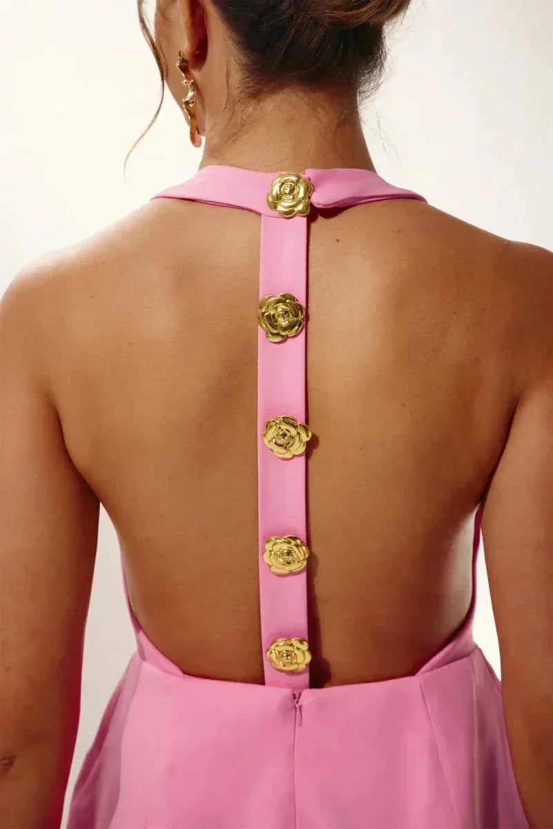 Women's Party Mini Dress with Halter Neck and Gold Button Detail