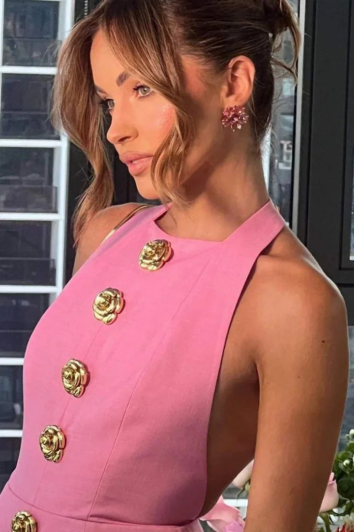 Women's Party Mini Dress with Halter Neck and Gold Button Detail