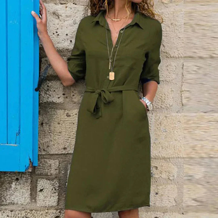 Women's Shirt Midi Dress with Button Front and Tie Waist