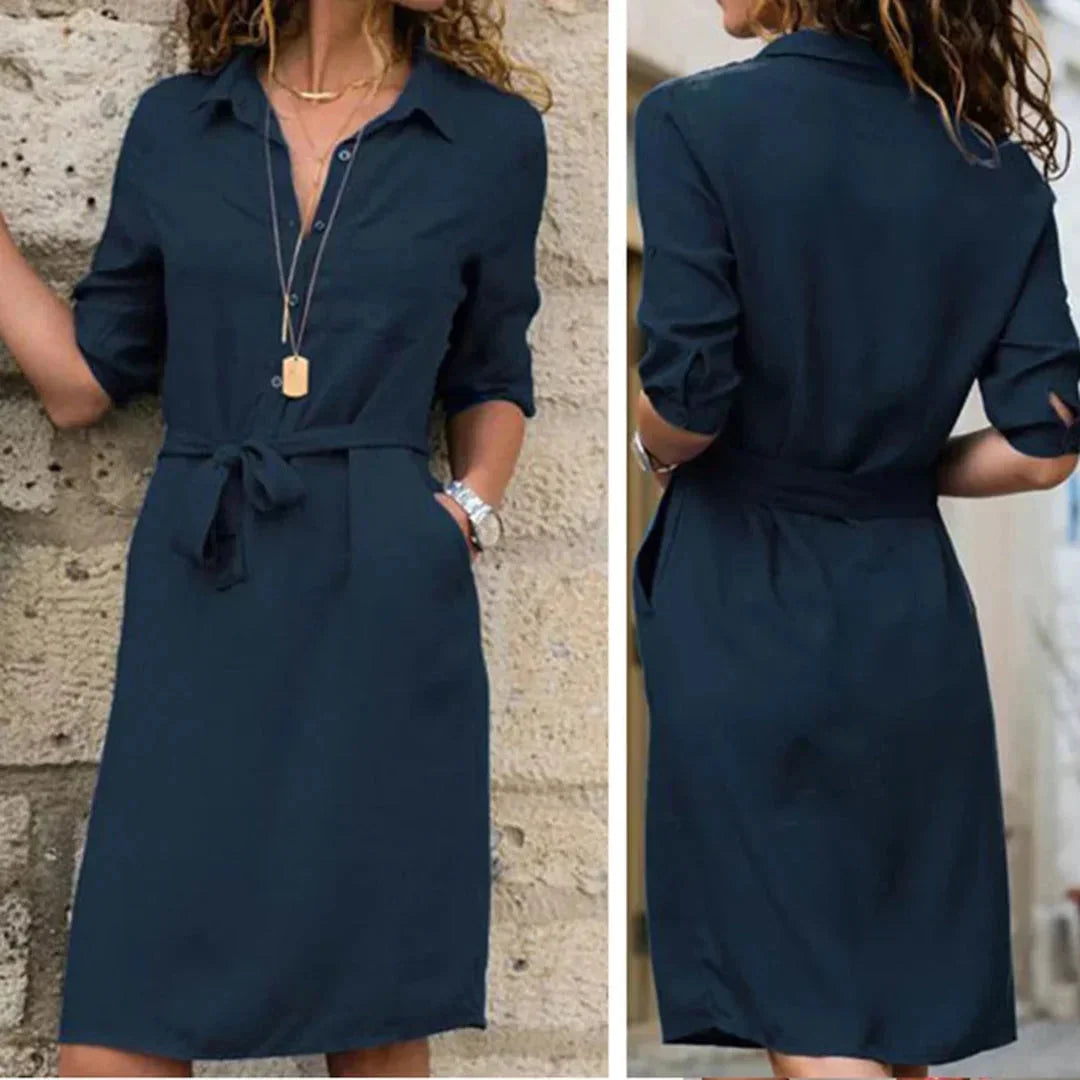 Women's Shirt Midi Dress with Button Front and Tie Waist