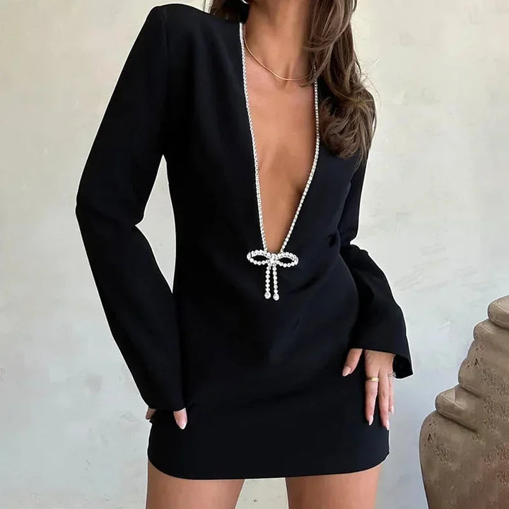 Women's Blazer Mini Dress with Plunge Neckline and Bow Detail