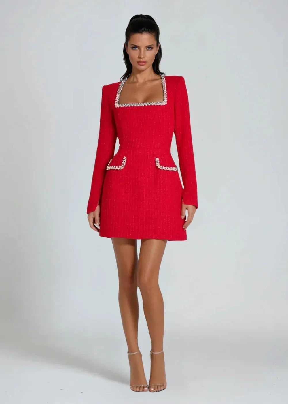 Women's Party Mini Dress with Square Neckline and Contrast Trim