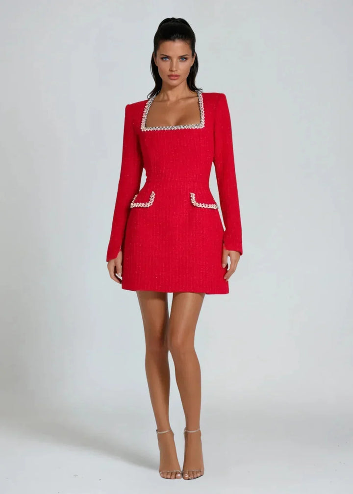 Women's Party Mini Dress with Square Neckline and Contrast Trim