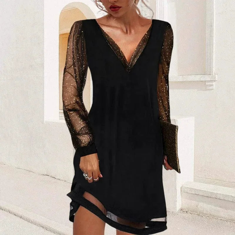 Women's Party Mini Dress with V Neck and Sheer Long Sleeves
