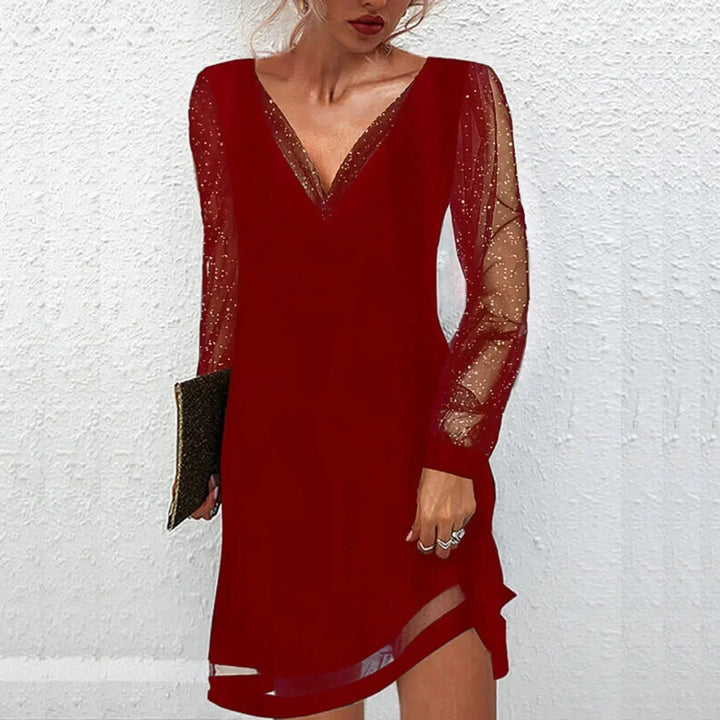 Women's Party Mini Dress with V Neck and Sheer Long Sleeves