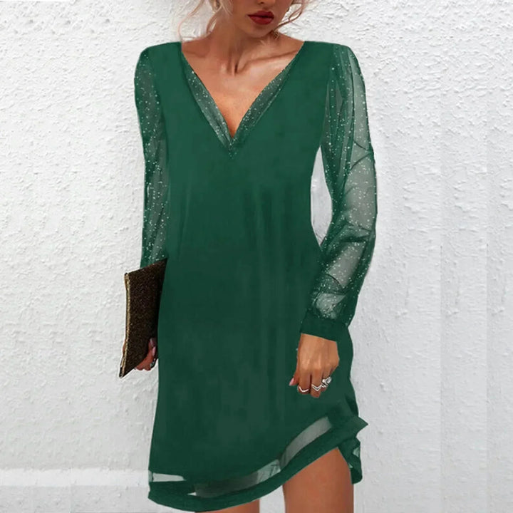 Women's Party Mini Dress with V Neck and Sheer Long Sleeves