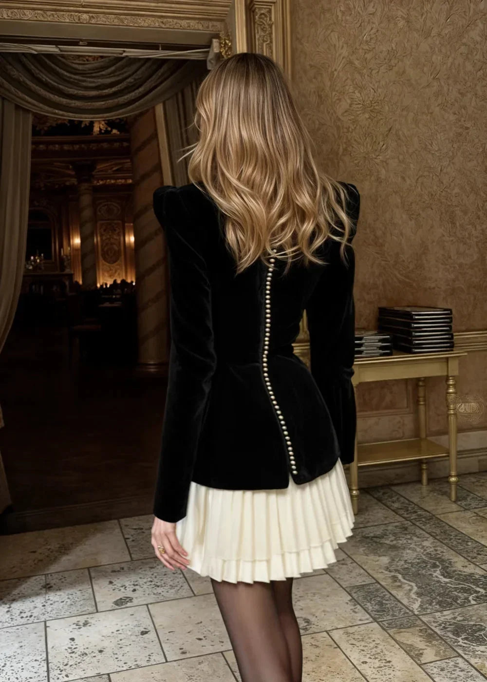 Women's Party Mini Dress with Long Sleeves and Contrast Pleated Hem