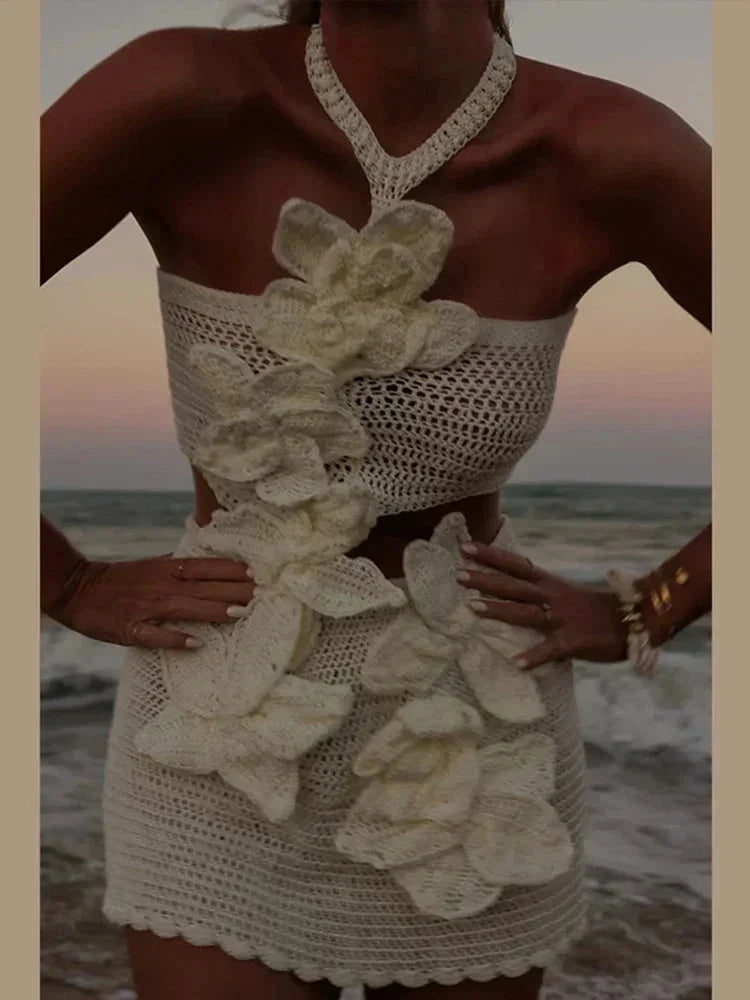 Women's Party Mini Dress with Floral Appliqué and Halter Neck