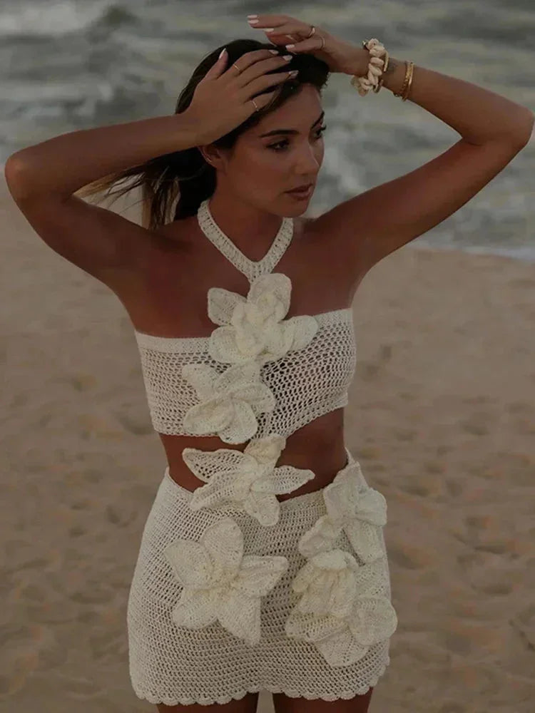 Women's Party Mini Dress with Floral Appliqué and Halter Neck