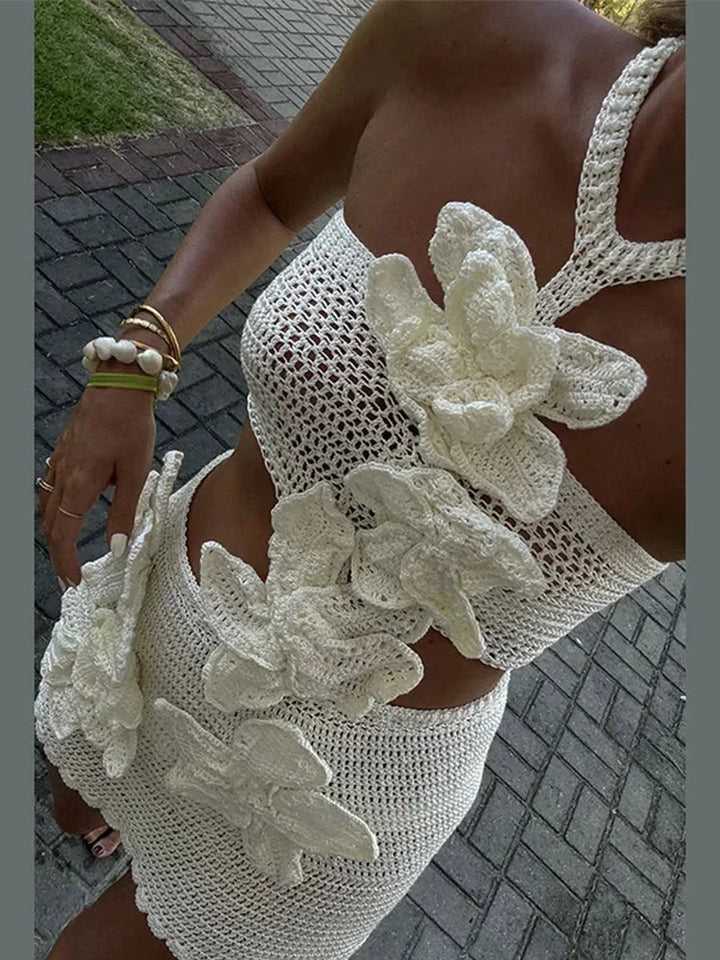 Women's Party Mini Dress with Floral Appliqué and Halter Neck