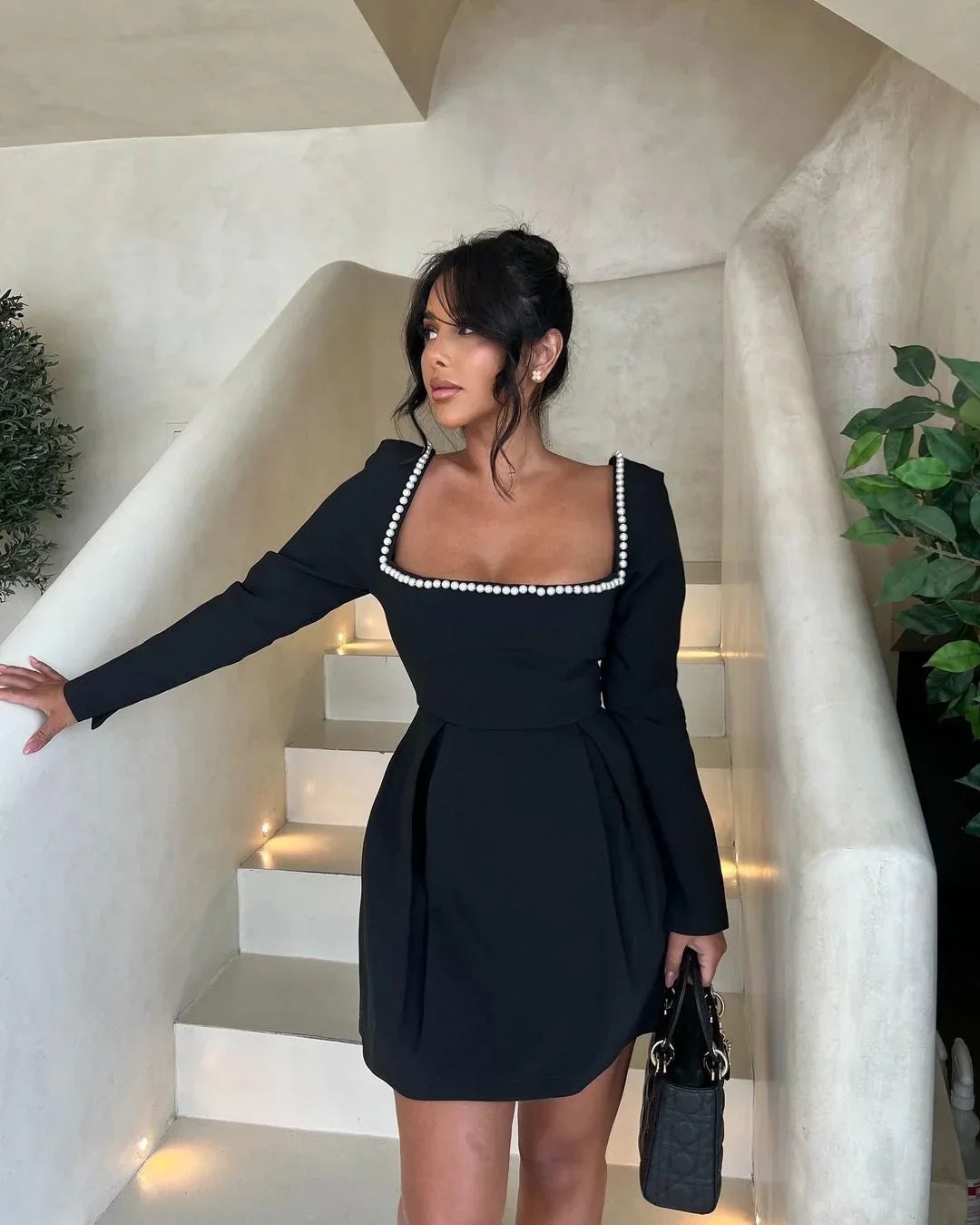 Women's Party Mini Dress with Square Neckline and Embellished Detail
