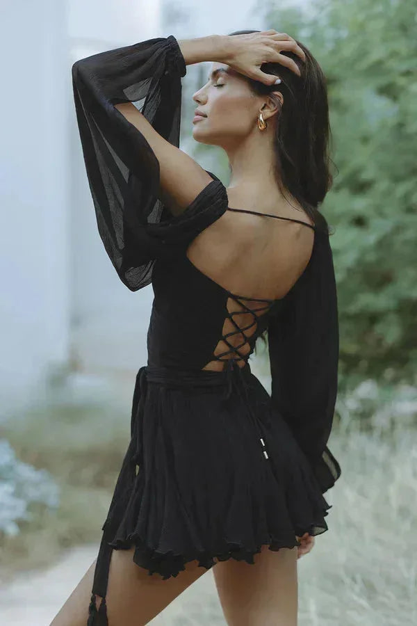 Women's Boho Mini Dress with V Neck and Flared Sleeves