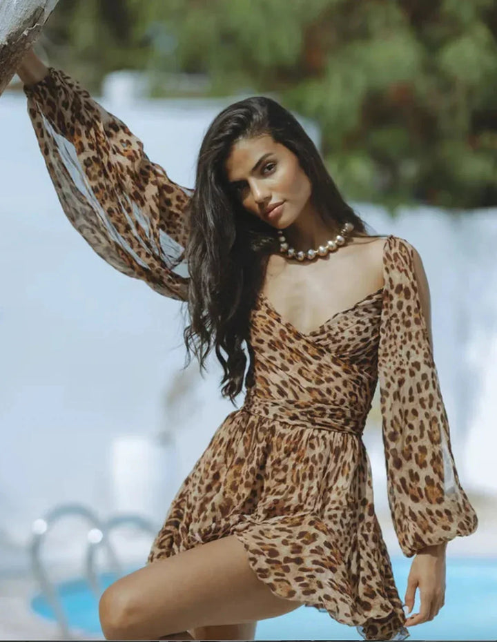 Women's Boho Mini Dress with V Neck and Flared Sleeves