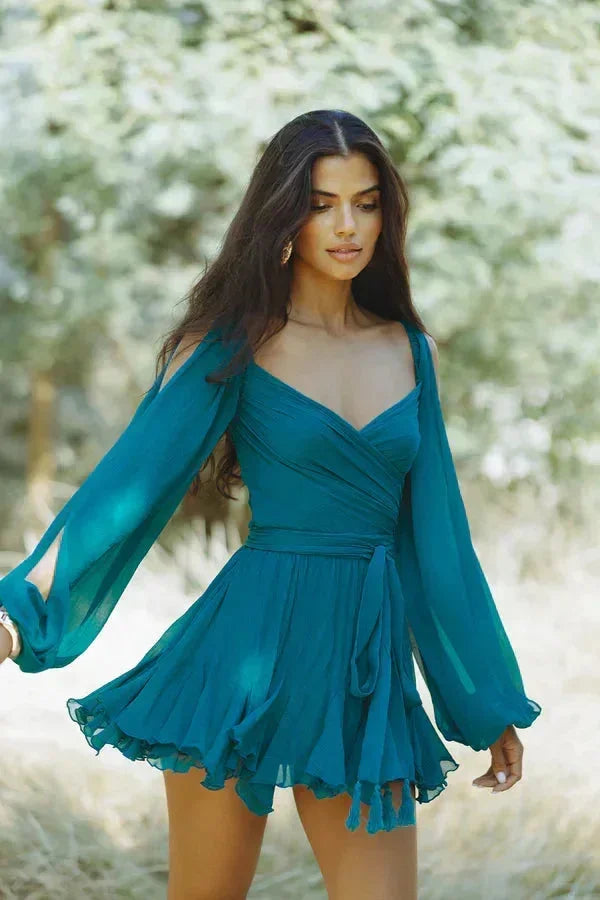 Women's Boho Mini Dress with V Neck and Flared Sleeves