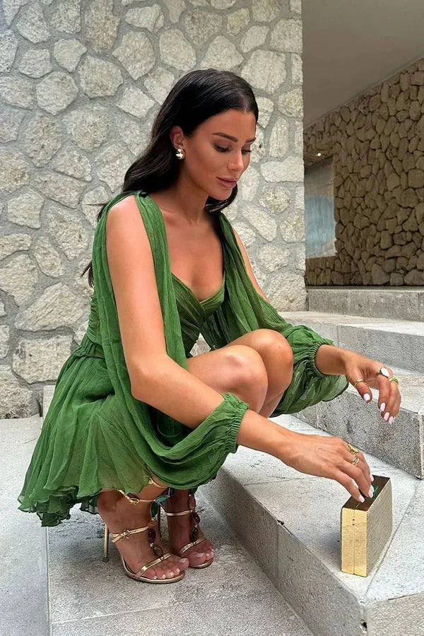 Women's Boho Mini Dress with V Neck and Flared Sleeves