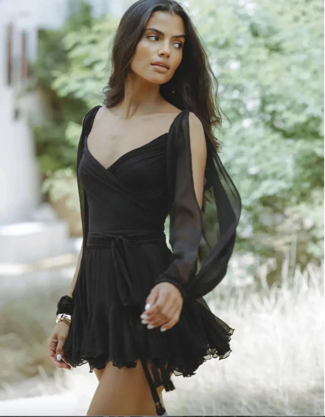 Women's Boho Mini Dress with V Neck and Flared Sleeves