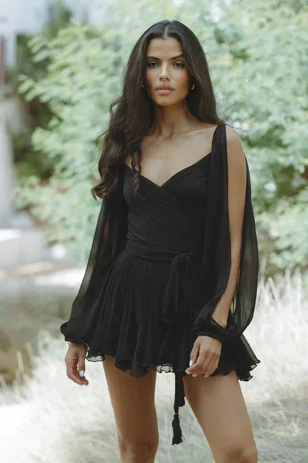 Women's Boho Mini Dress with V Neck and Flared Sleeves