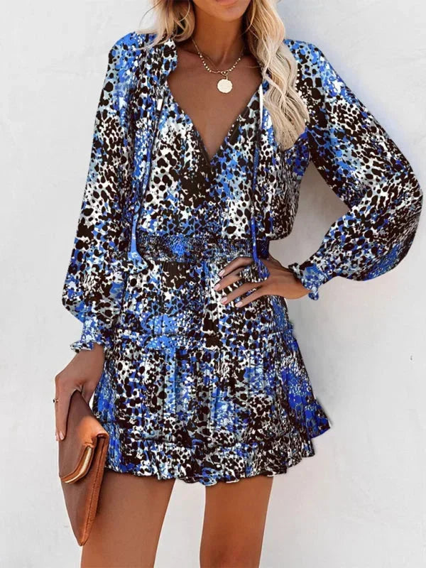 Women's Floral Mini Dress with V Neck and Tiered Ruffle Skirt