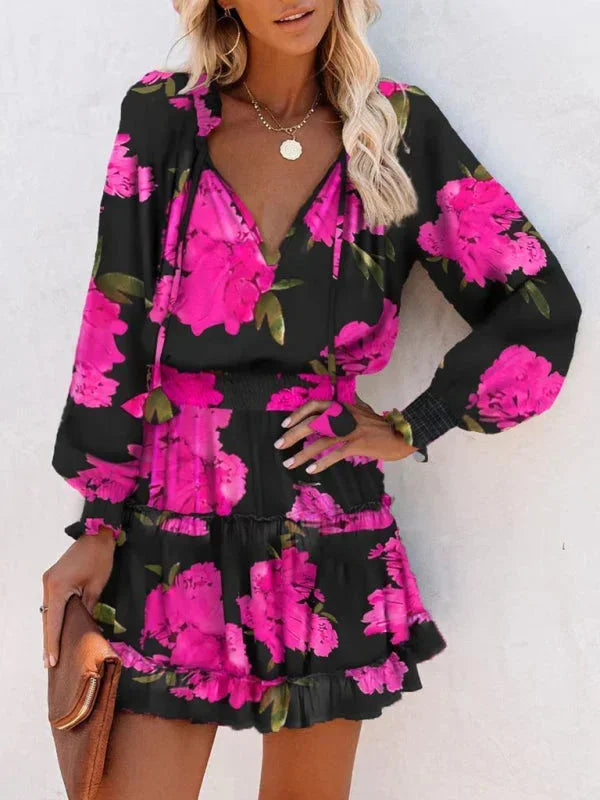 Women's Floral Mini Dress with V Neck and Tiered Ruffle Skirt
