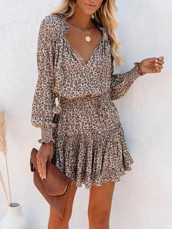 Women's Floral Mini Dress with V Neck and Tiered Ruffle Skirt