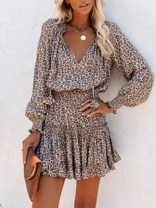 Women's Floral Mini Dress with V Neck and Tiered Ruffle Skirt