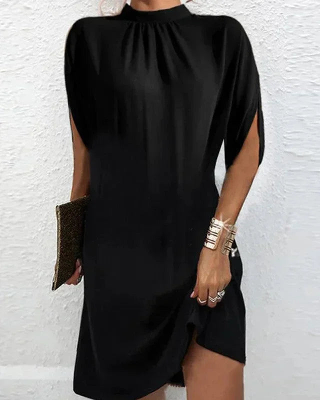 Women's Mini Dress with Batwing Sleeves and Pleated Neckline