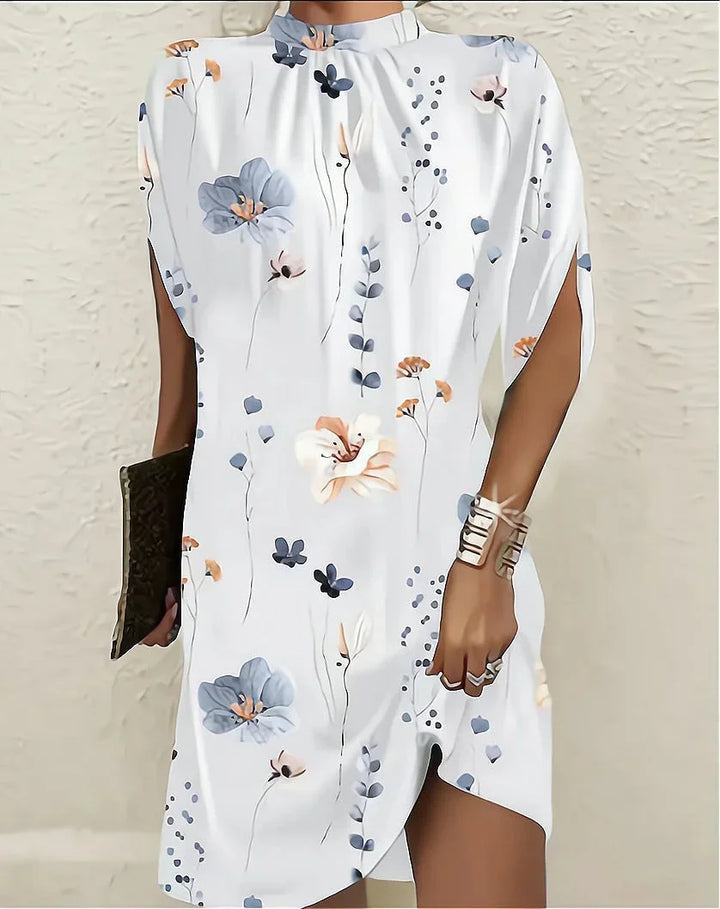 Women's Mini Dress with Batwing Sleeves and Pleated Neckline