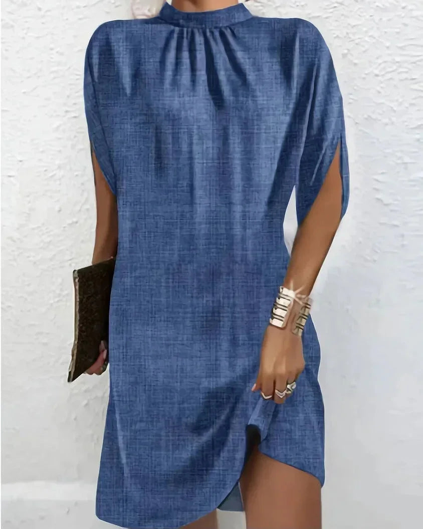 Women's Mini Dress with Batwing Sleeves and Pleated Neckline