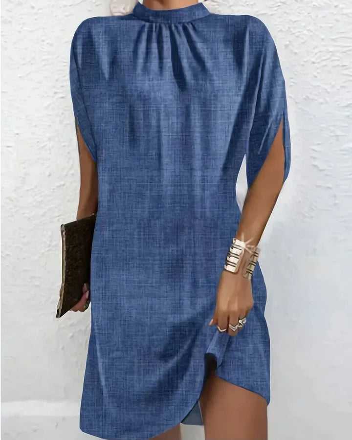Women's Mini Dress with Batwing Sleeves and Pleated Neckline