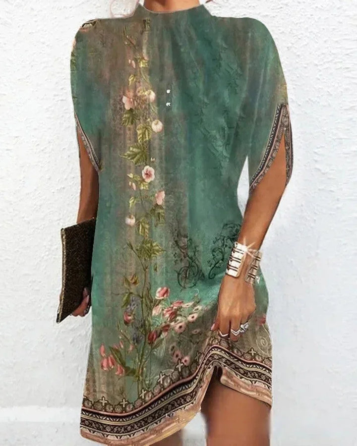 Women's Mini Dress with Batwing Sleeves and Pleated Neckline