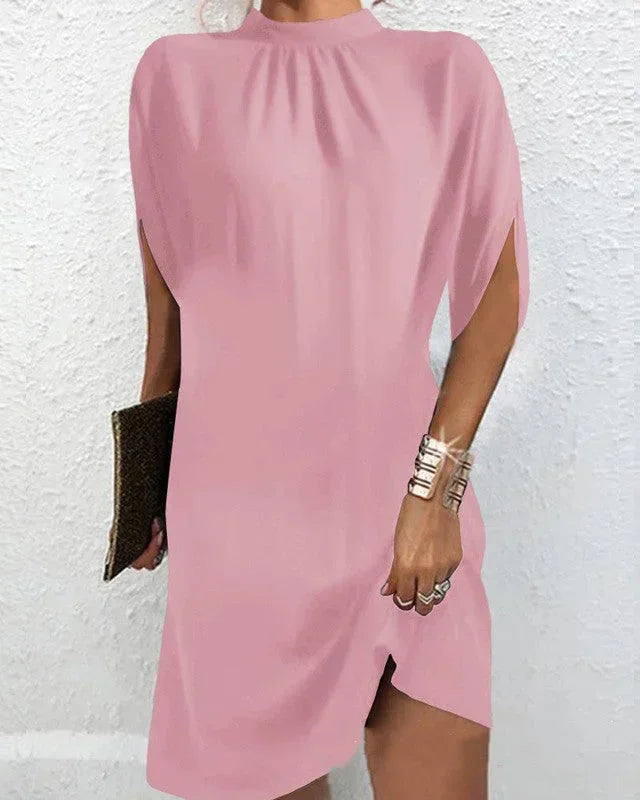 Women's Mini Dress with Batwing Sleeves and Pleated Neckline