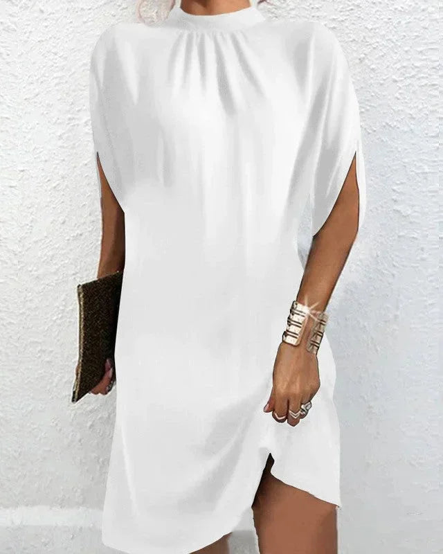 Women's Mini Dress with Batwing Sleeves and Pleated Neckline