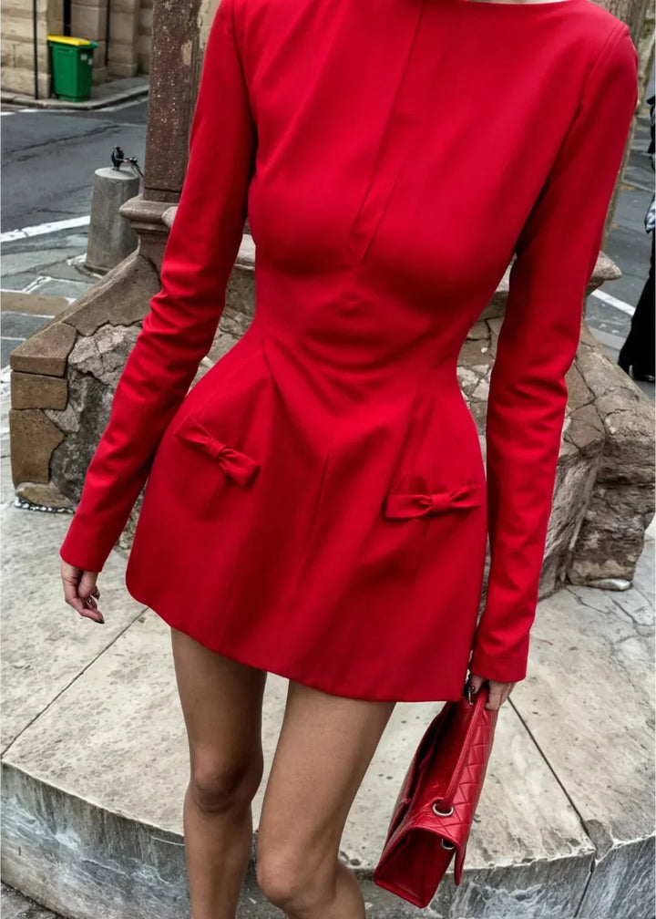 Women's Party Mini Dress with Long Sleeves and Draped Waist Detail