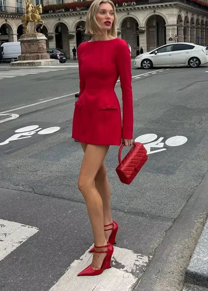 Women's Party Mini Dress with Long Sleeves and Draped Waist Detail