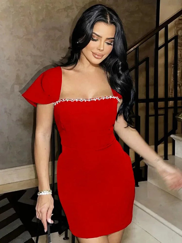 Women's Party Mini Dress with Square Neckline and Cap Sleeves