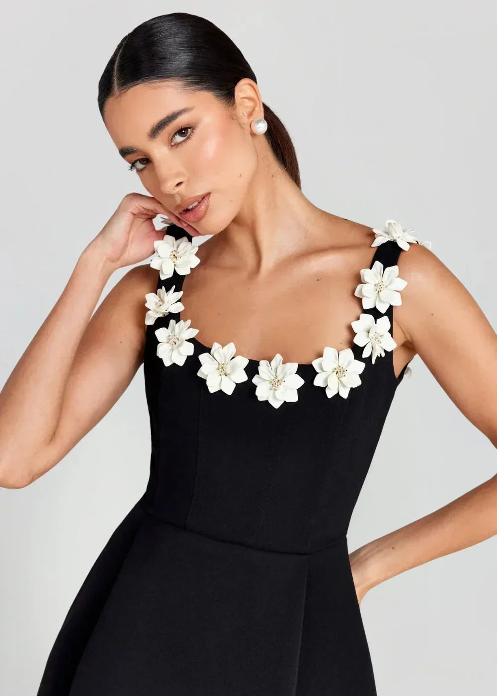 Women's Party Mini Dress with Floral Appliqué Straps and A Line Skirt