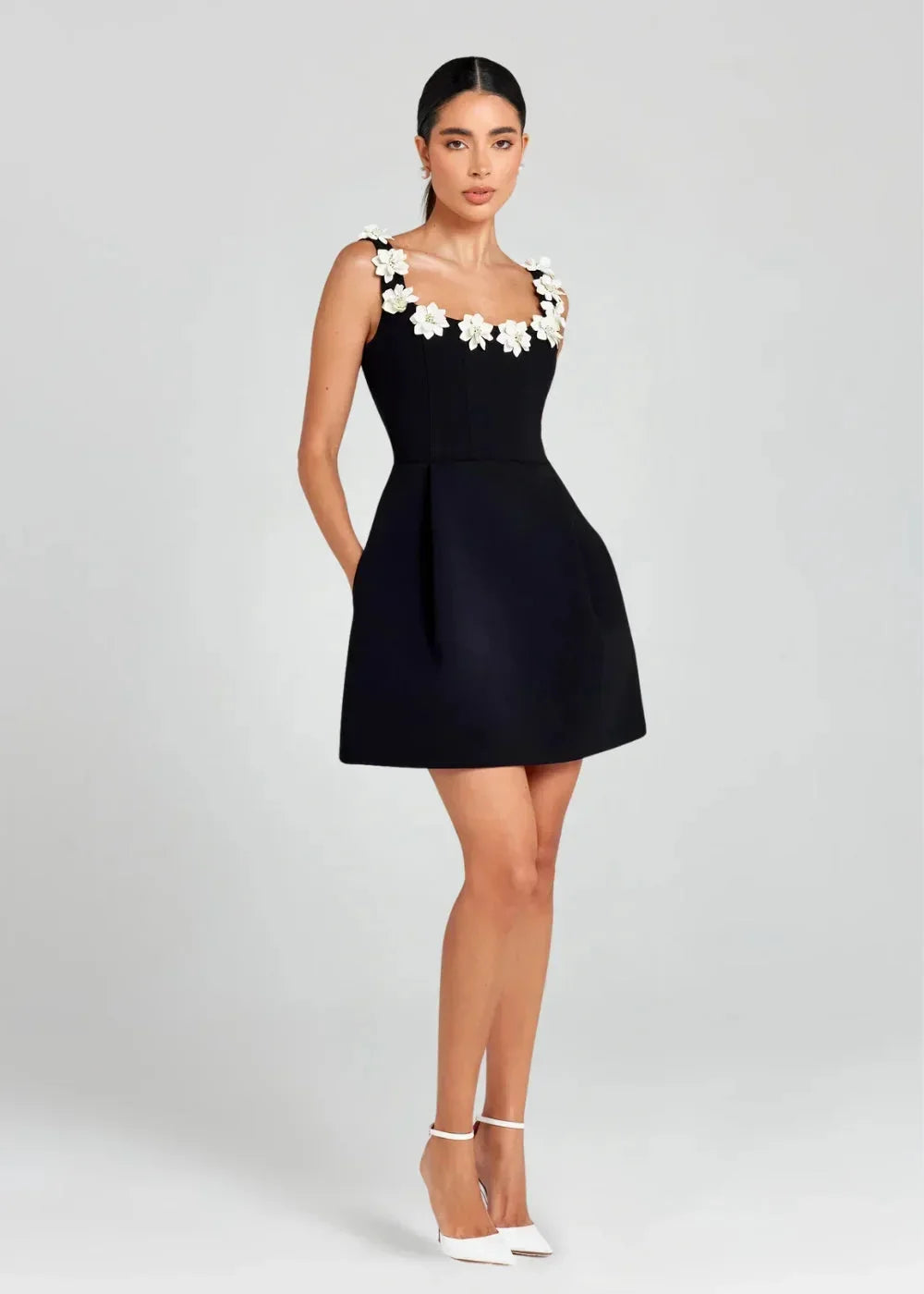 Women's Party Mini Dress with Floral Appliqué Straps and A Line Skirt