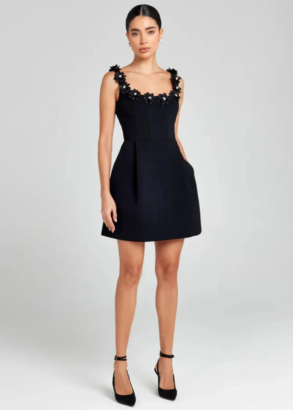 Women's Party Mini Dress with Floral Appliqué Straps and A Line Skirt