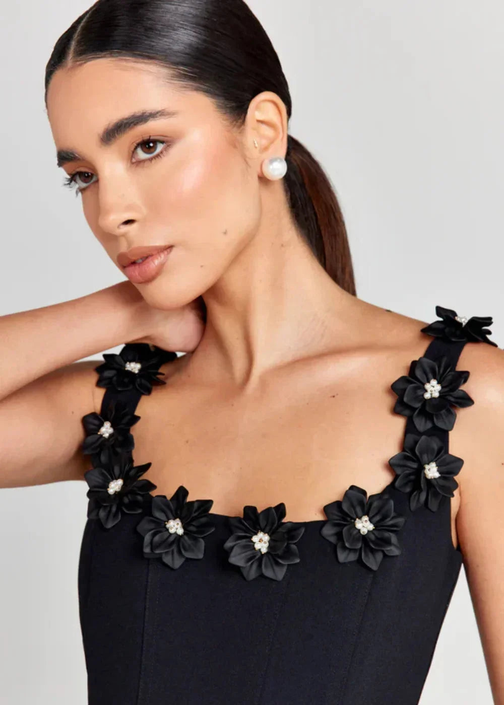 Women's Party Mini Dress with Floral Appliqué Straps and A Line Skirt