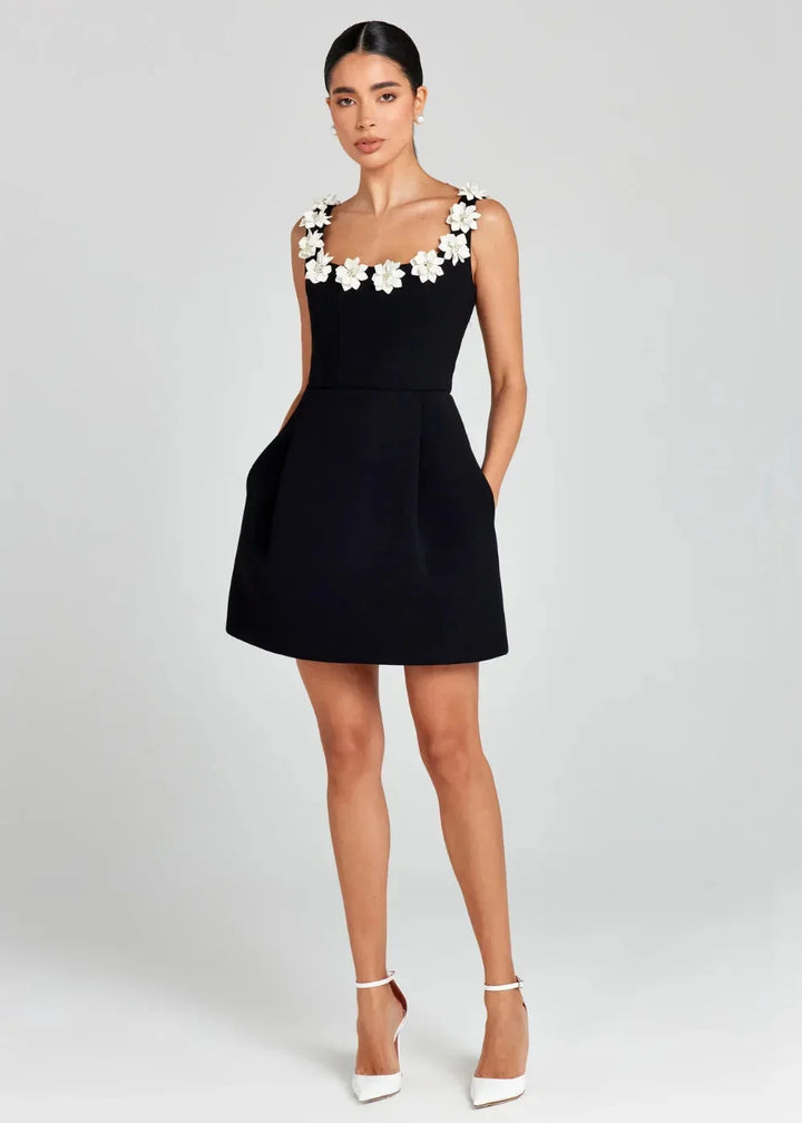 Women's Party Mini Dress with Floral Appliqué Straps and A Line Skirt
