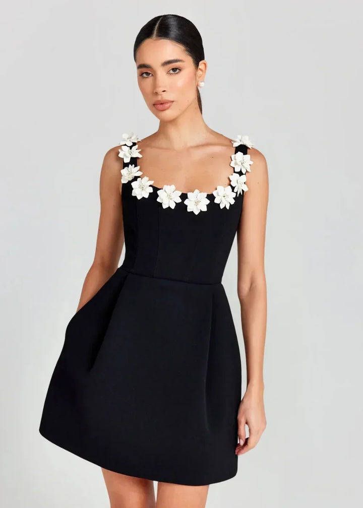 Women's Party Mini Dress with Floral Appliqué Straps and A Line Skirt