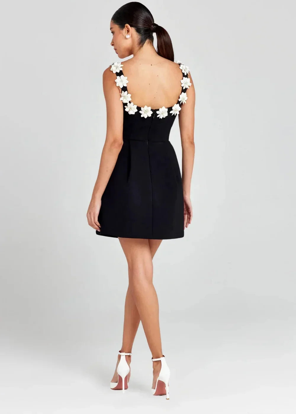 Women's Party Mini Dress with Floral Appliqué Straps and A Line Skirt