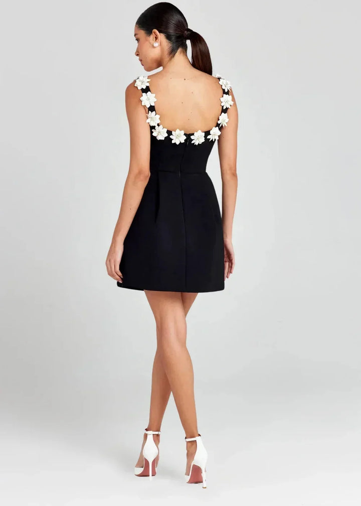 Women's Party Mini Dress with Floral Appliqué Straps and A Line Skirt