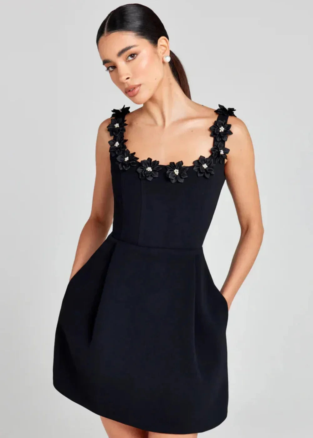 Women's Party Mini Dress with Floral Appliqué Straps and A Line Skirt
