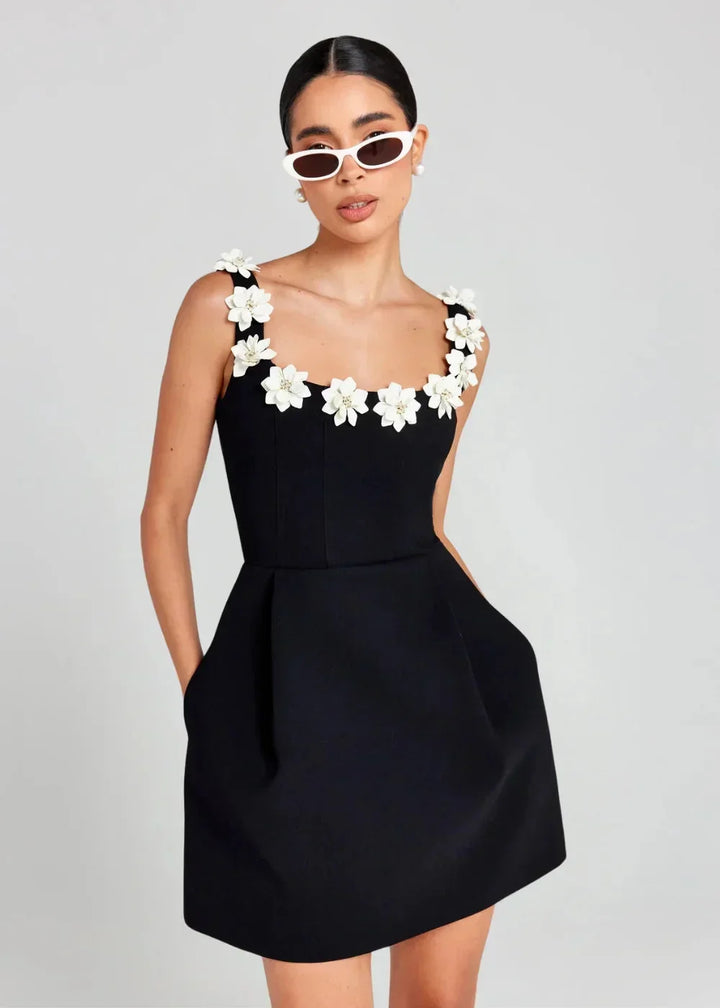Women's Party Mini Dress with Floral Appliqué Straps and A Line Skirt